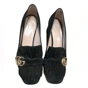 Gucci marmont fringe AUTHENTIC Black Suede Mule Heel Shoes Size 39 1/2